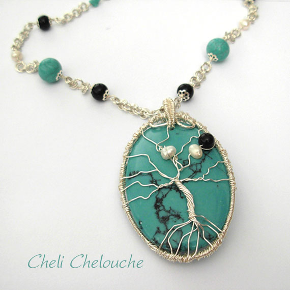 turquoise and pearls tree of life necklace